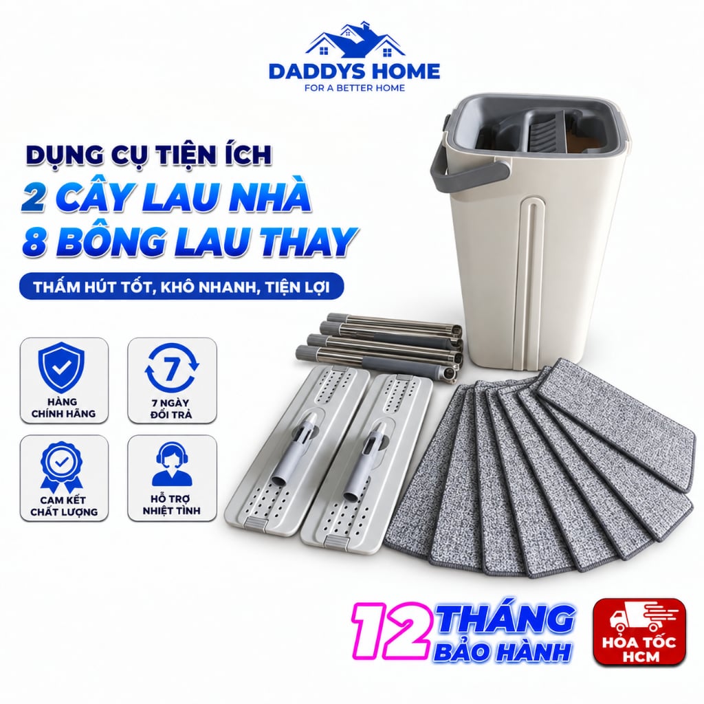 Bộ 2 Cây Lau Nhà Thùng Vuông TV11 + 8 Bông Lau Thay Thế, Cây Lau Sàn Nhà Tiện Lợi