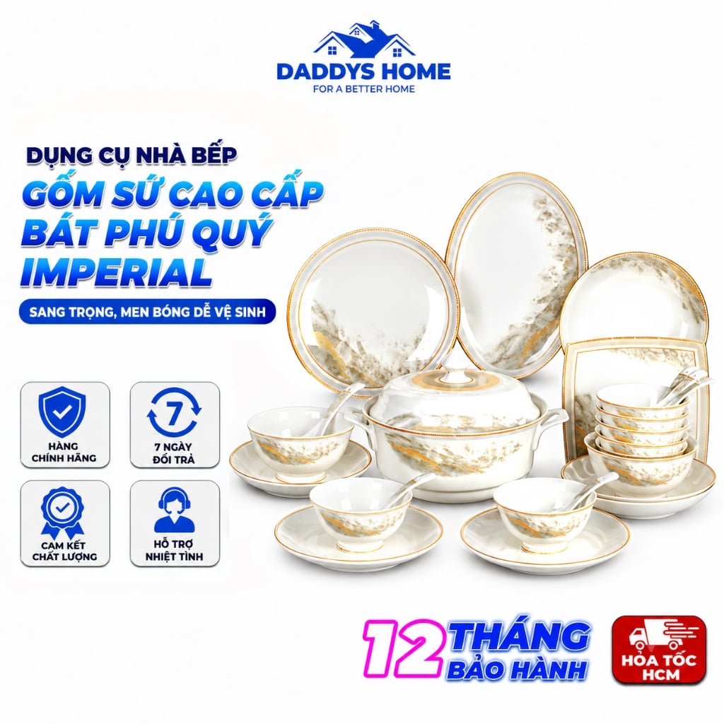 Bộ Chén Bát Phú Quý Imperial Gốm Sứ Cao Cấp – Thiết Kế Bát Giác, 5 Lớp, Viền Vàng Sang Trọng, Men Bóng Dễ Vệ Sinh - SP2069114147