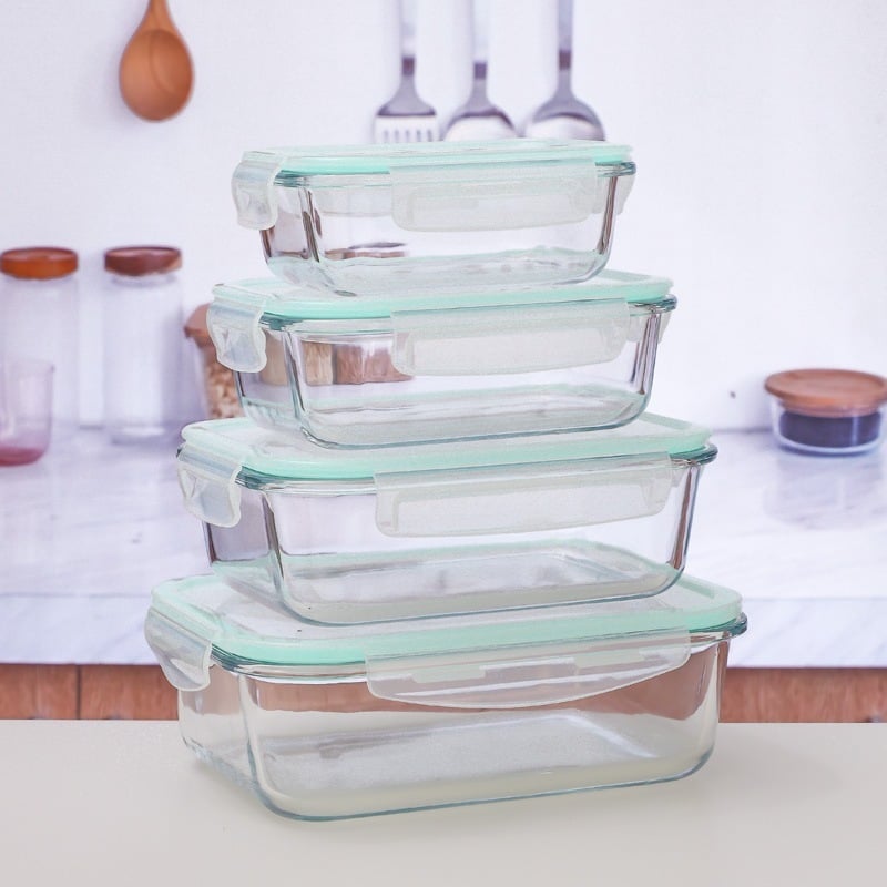 Bộ 4 Hộp Thủy Tinh Chữ Nhật, Hộp Bảo Quản Thực Phẩm Nắp Khóa 4 Cạnh