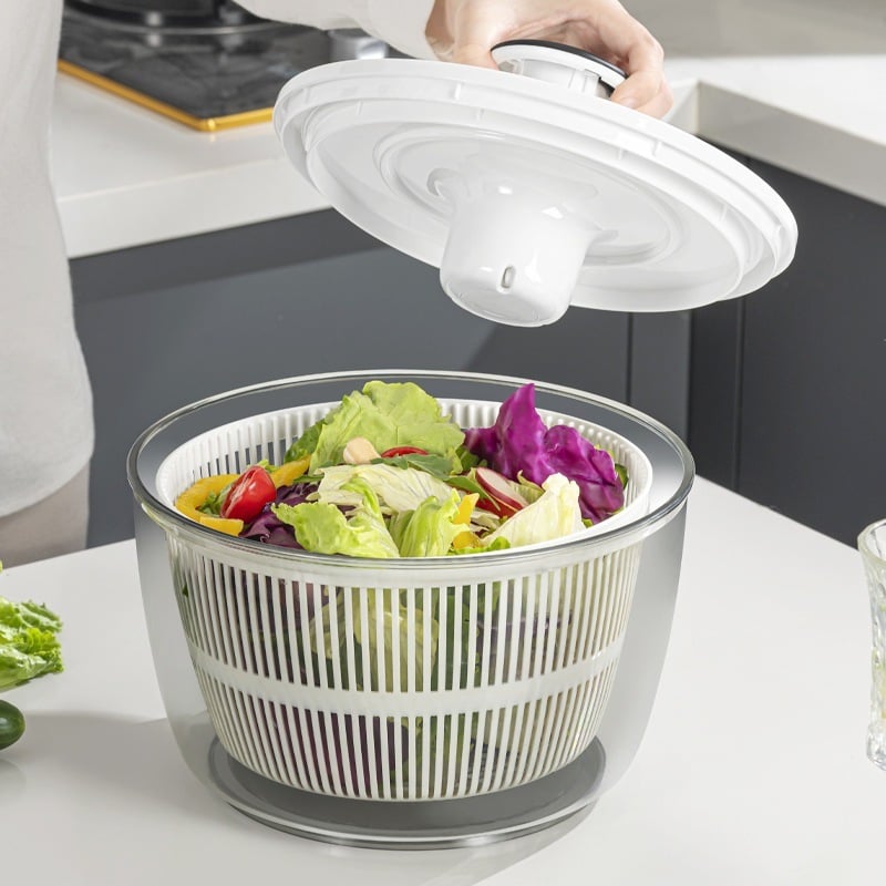 Rổ Vắt Rau Củ Quả Salad Spinner 3L/5L – Quay Ly Tâm 360°, Làm Ráo Rau Nhanh, Có Nút STOP