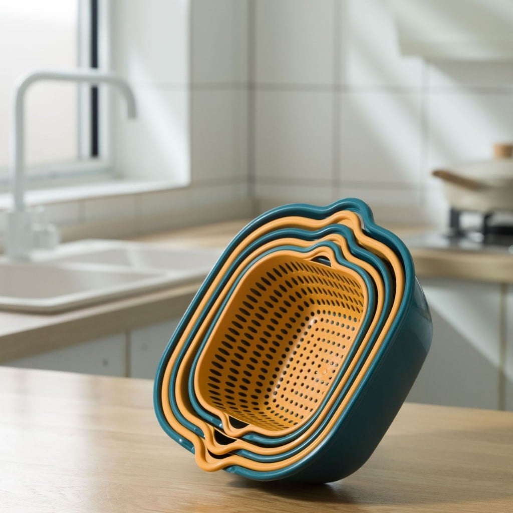 Bộ Chậu Rổ 6 Món Dáng Vuông Đa Năng, Bộ Rổ Ráo Nước Rửa Rau Củ Xếp Gọn Tiện Lợi