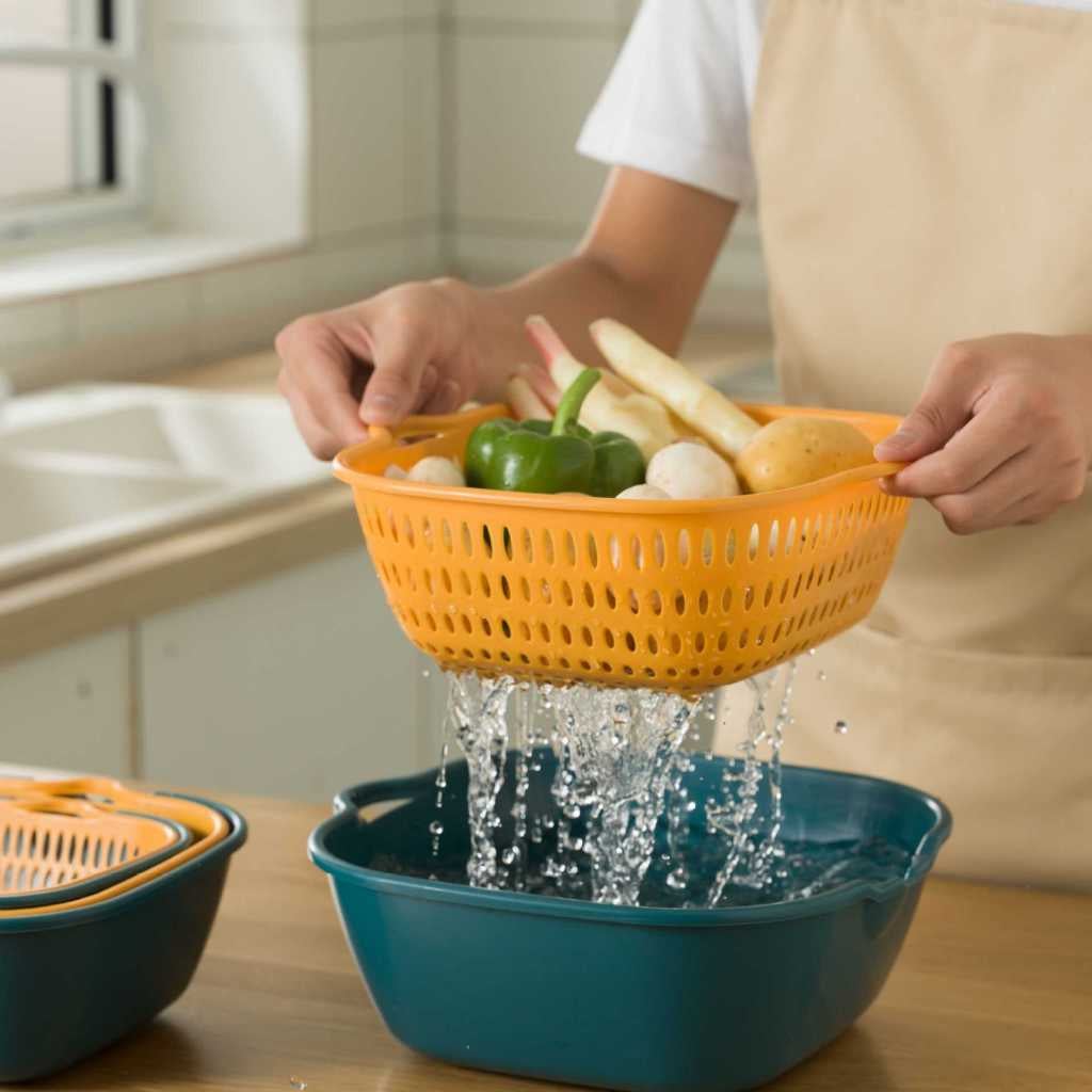 Bộ Chậu Rổ 6 Món Dáng Vuông Đa Năng, Bộ Rổ Ráo Nước Rửa Rau Củ Xếp Gọn Tiện Lợi