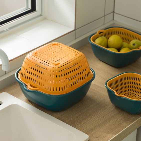 Bộ Chậu Rổ 6 Món Dáng Vuông Đa Năng, Bộ Rổ Ráo Nước Rửa Rau Củ Xếp Gọn Tiện Lợi