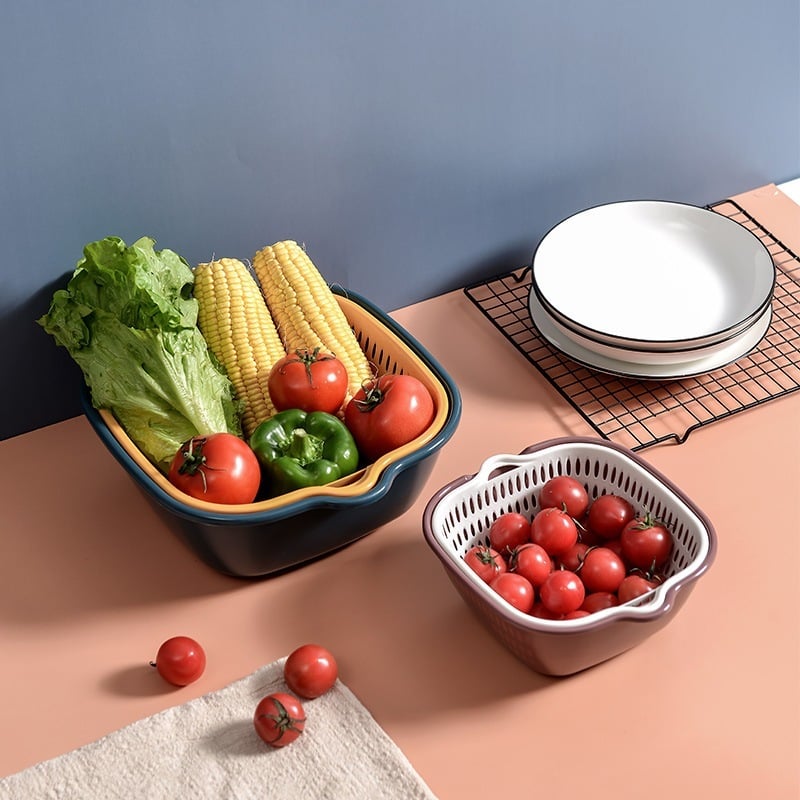 Bộ Chậu Rổ 6 Món Dáng Vuông Đa Năng, Bộ Rổ Ráo Nước Rửa Rau Củ Xếp Gọn Tiện Lợi