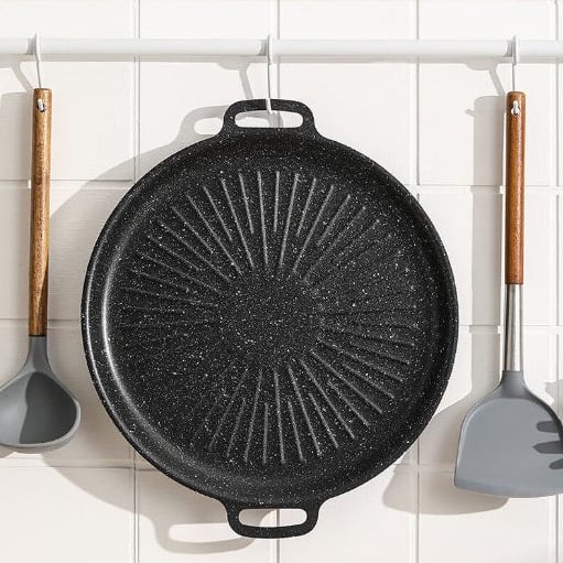 Chảo Gang Vân Đá 34cm, Chảo Nướng, Nấu Ăn Chống Dính Đa Năng Cho Gia Đình