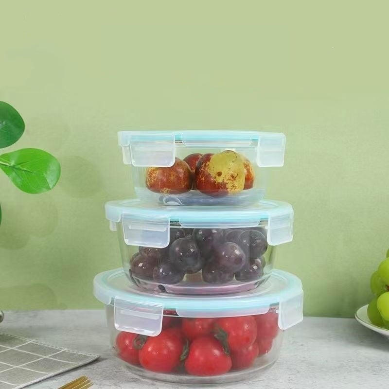 Hộp Thủy Tinh Chịu Nhiệt Borosilicate – Bộ Vuông/Tròn/Chữ Nhật, 400–1300ml, Nắp Khóa 4 Cạnh, Đệm Silicone Kín Khít