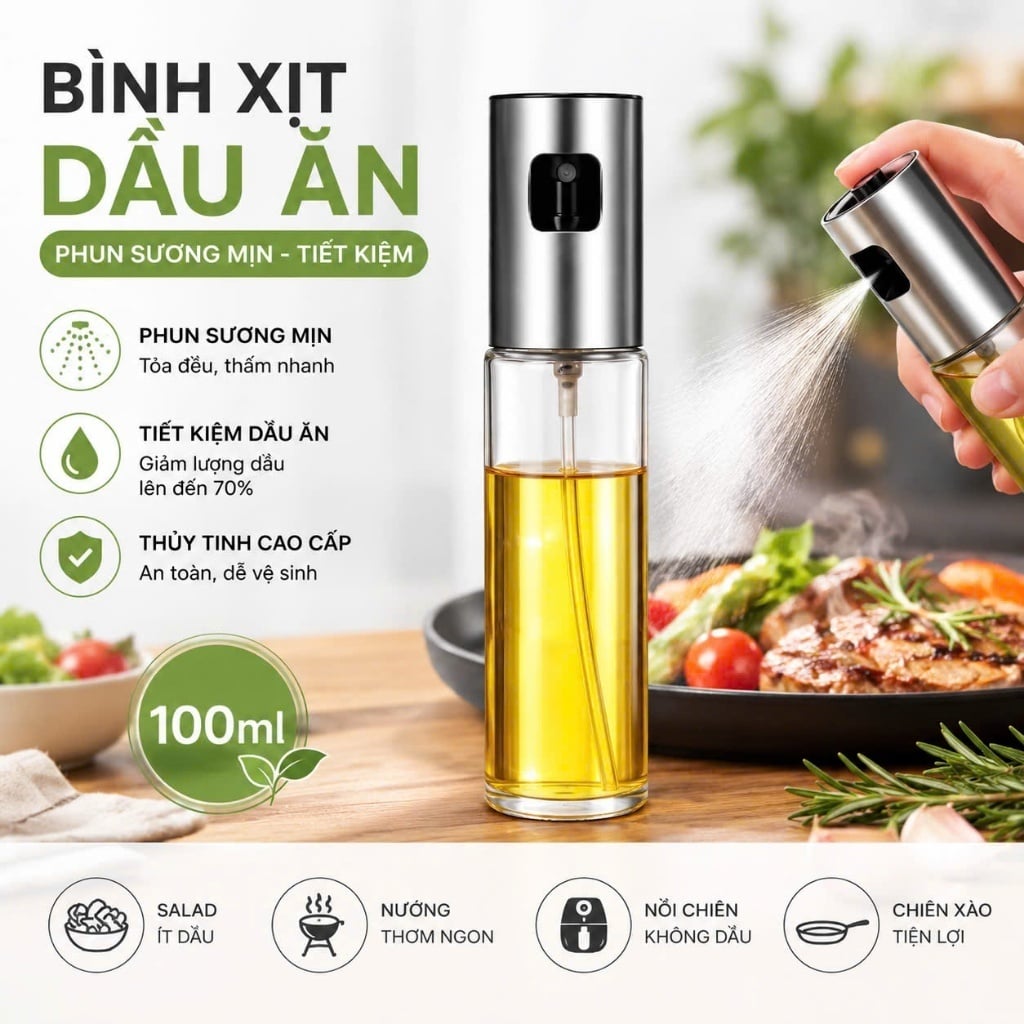Chai Xịt Dầu Thủy Tinh, Bình Xịt Dầu Ăn Cho Nấu Nướng Nhà Bếp