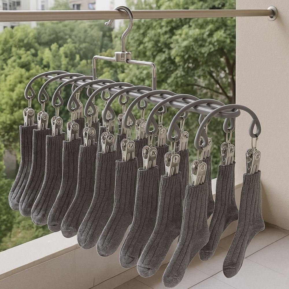 Móc Vòm Inox 20 Kẹp Dáng Dài, Móc Phơi Quần Áo Tất Đồ Lót Đa Năng