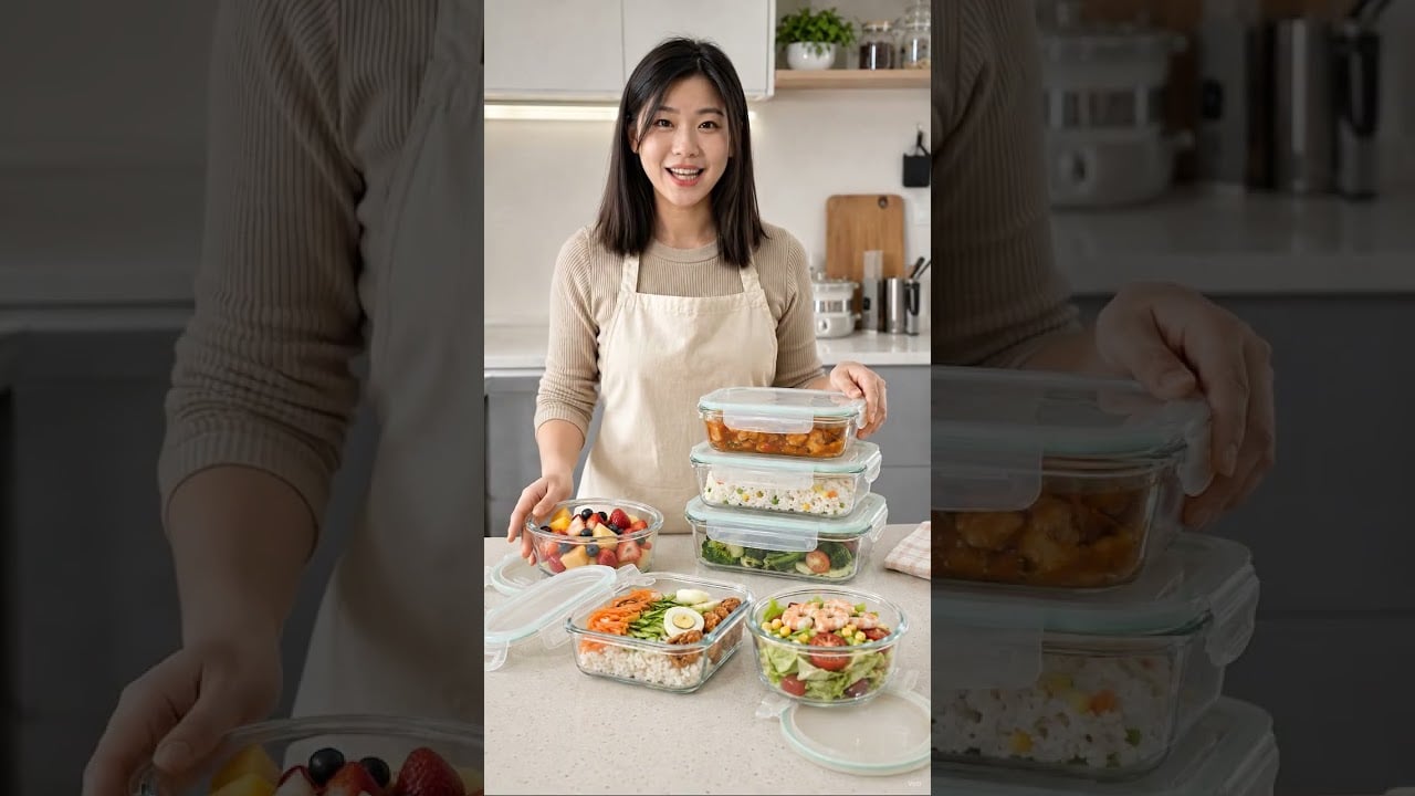 Bộ 4 Hộp Thủy Tinh Chữ Nhật, Hộp Bảo Quản Thực Phẩm Nắp Khóa 4 Cạnh - Video