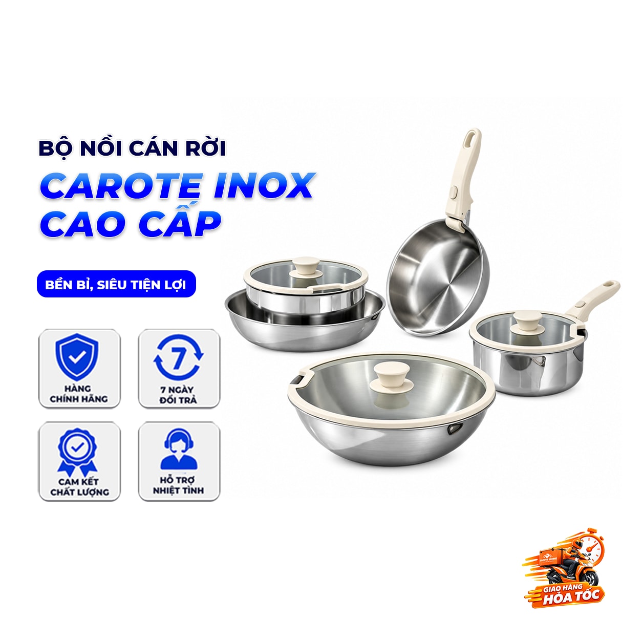 Bộ Nồi Chảo Cán Rời CAROTE inox 304, Siêu Dày