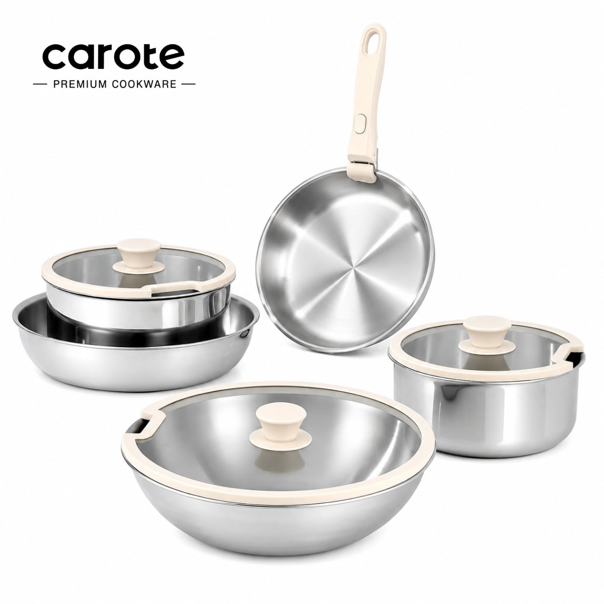 Bộ Nồi Chảo Cán Rời CAROTE inox 304, Siêu Dày