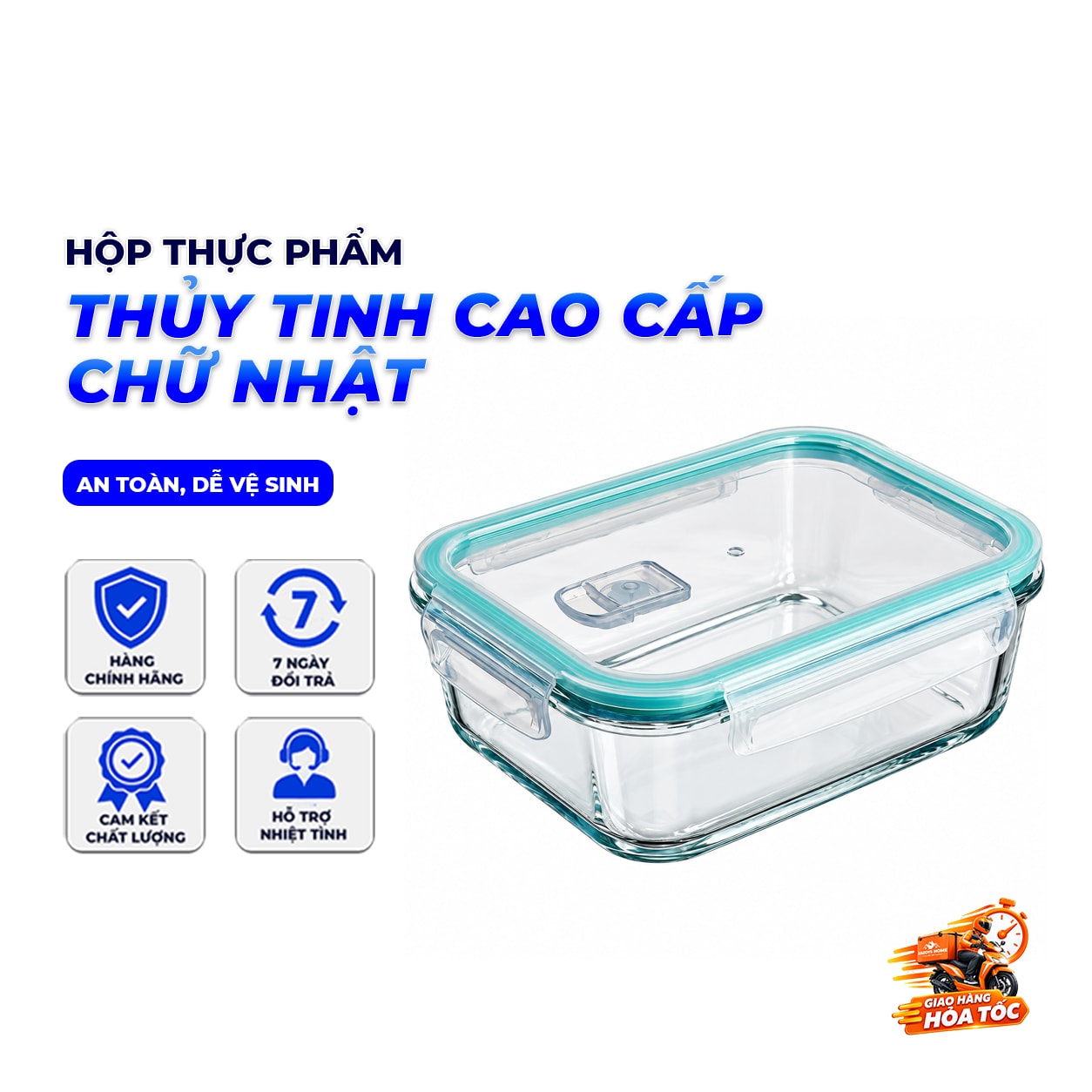 Bộ 4 Hộp Thủy Tinh Chữ Nhật, Hộp Bảo Quản Thực Phẩm Nắp Khóa 4 Cạnh