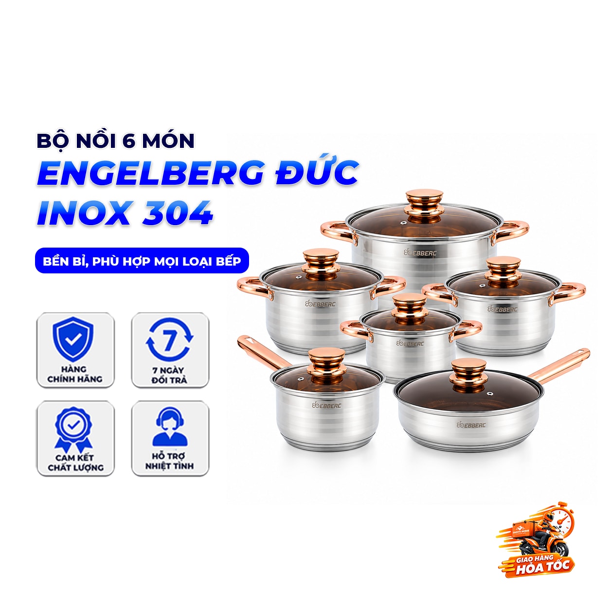 Bộ Nồi 6 Món Engelberg Đức, Bộ Nồi Nhà Bếp Gia Đình Đa Năng