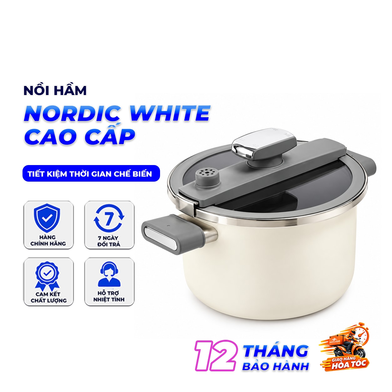 Nồi Áp Suất Chef Han Nordic White Cao Cấp, Nồi Hầm Đa Năng Nấu Nhanh