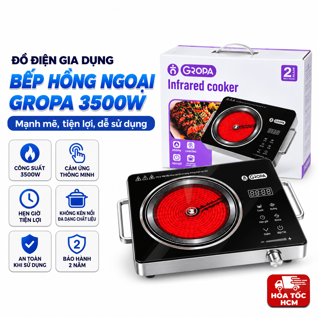 Bếp Hồng Ngoại Đơn GROPA 3500W Công Suất Cao – Bếp Điện Hồng Ngoại Cảm Ứng Có Hẹn Giờ