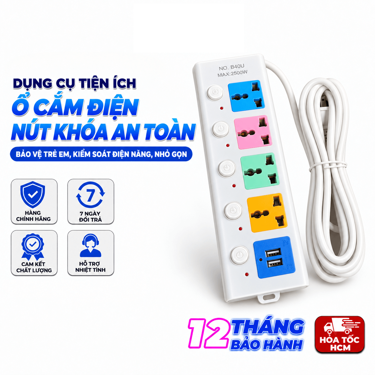 Ổ Điện D42 Dây Dài 5m, Ổ Cắm Điện 4 Ổ Cắm 2 Cổng USB Đa Năng Tiện Lợi