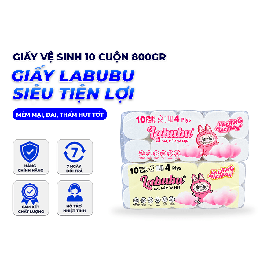 Giấy Vệ Sinh Labubu Bịch 10 Cuộn 800G, Giấy Cuộn Treo Tường Tiện Lợi, Mềm Dai Thấm Hút Tốt
