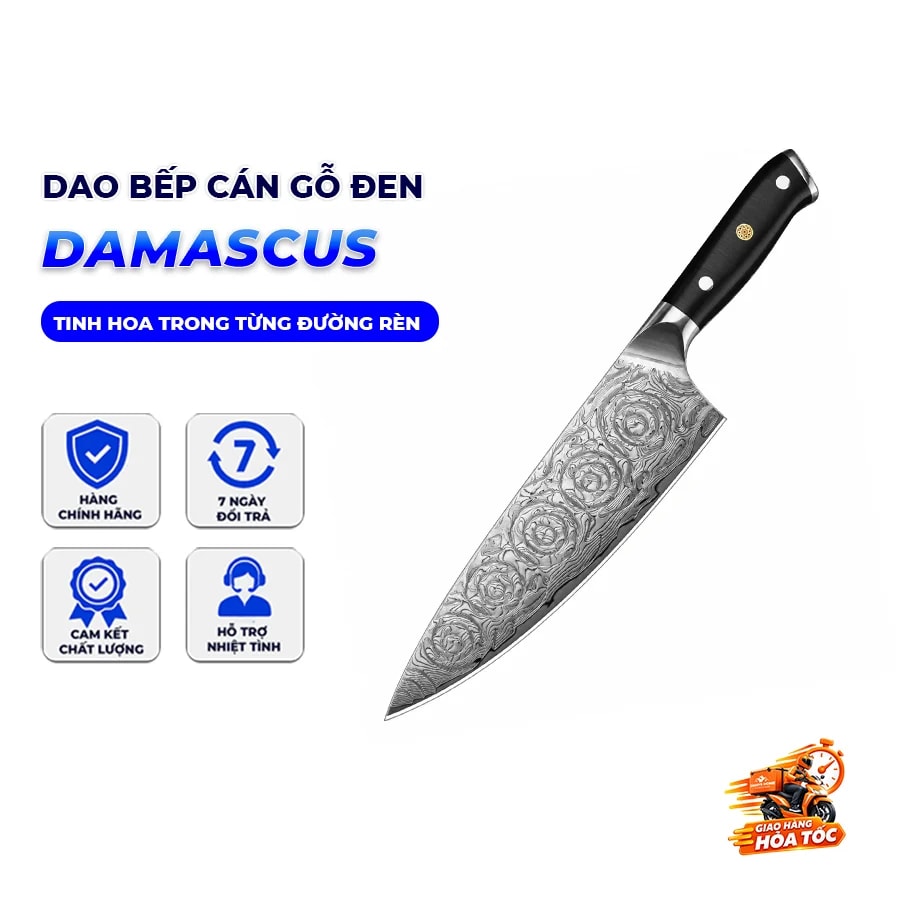 Dao Damascus Cán Gỗ Đen – Sắc Bén Bền Bỉ