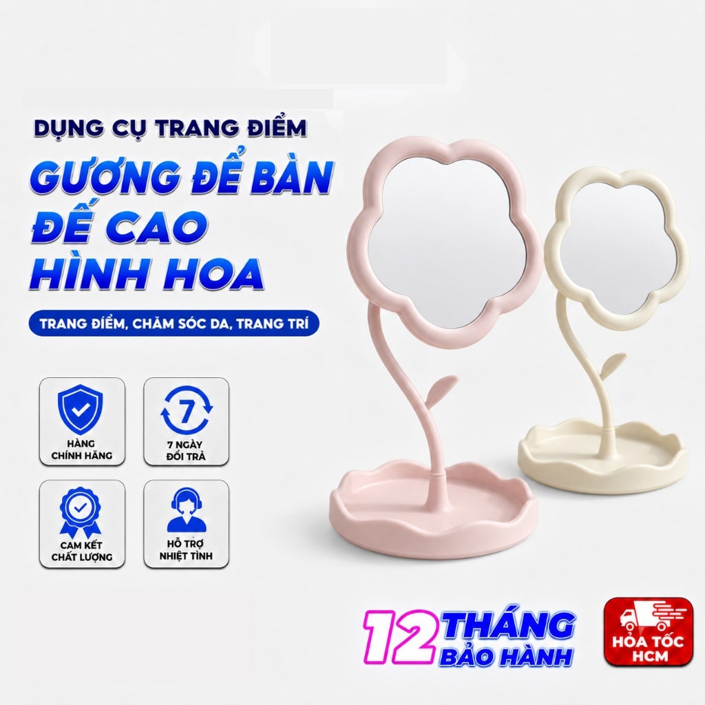 Gương Để Bàn Đế Cao Hình Hoa, Gương Trang Điểm Mini Tiện Lợi