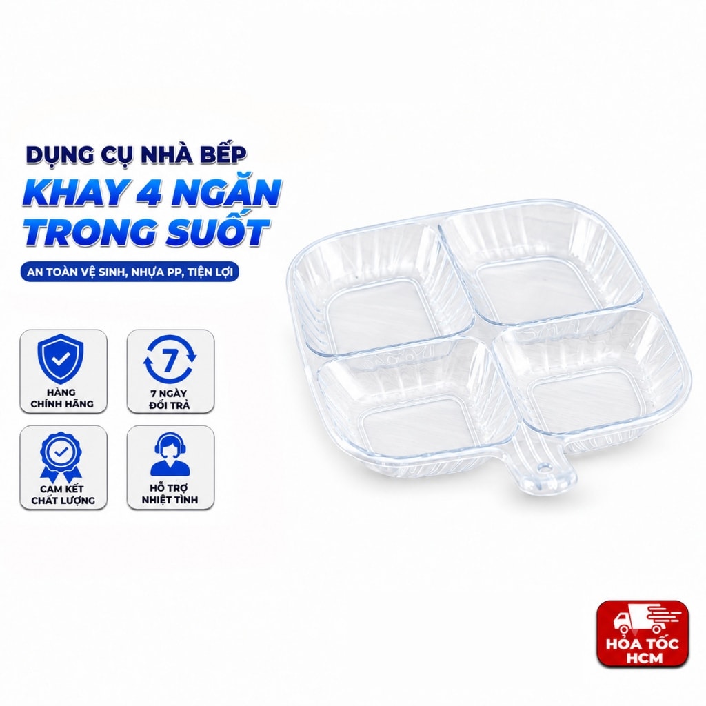 Khay Nước Chấm 4 Ngăn Trong Suốt, Khay Đựng Gia Vị Đa Năng