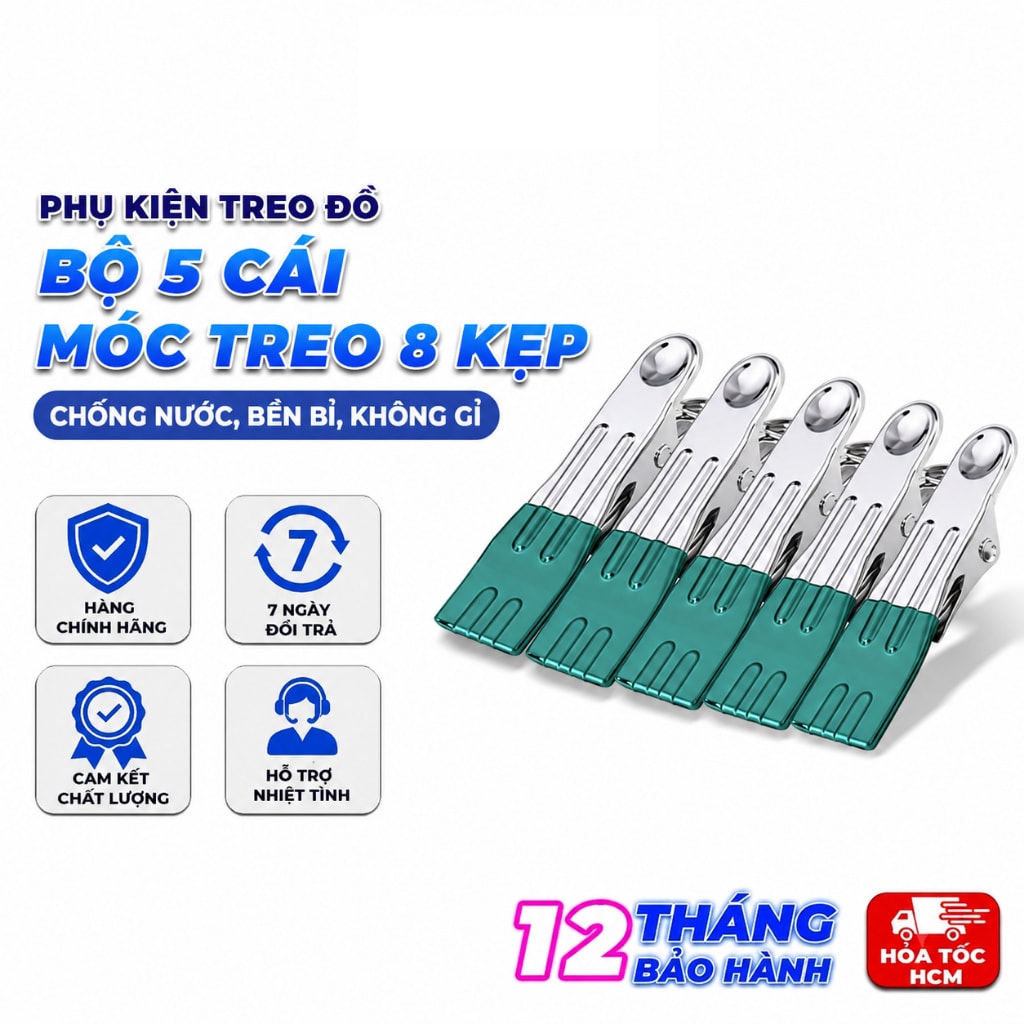 Bộ 5 Cái Móc Treo 8 Kẹp, Móc Phơi Tất Đồ Lót Quần Áo Đa Năng