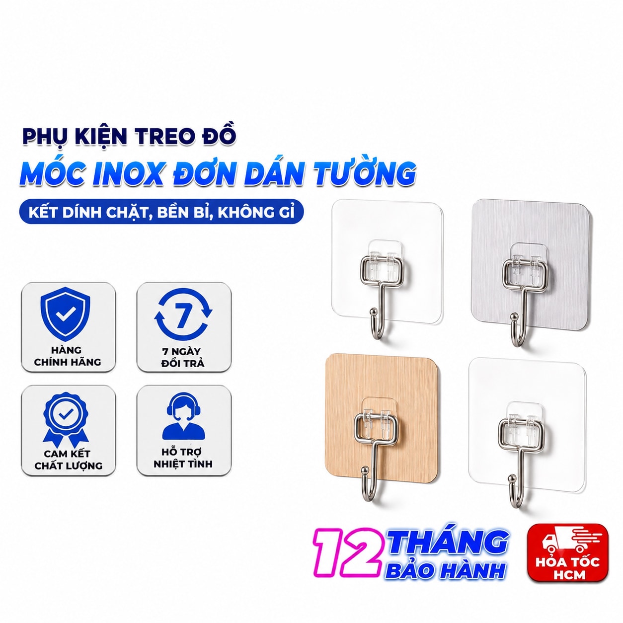Móc Inox Đơn Dán Tường, Móc Treo Đồ Nhà Bếp Nhà Tắm Tiện Lợi
