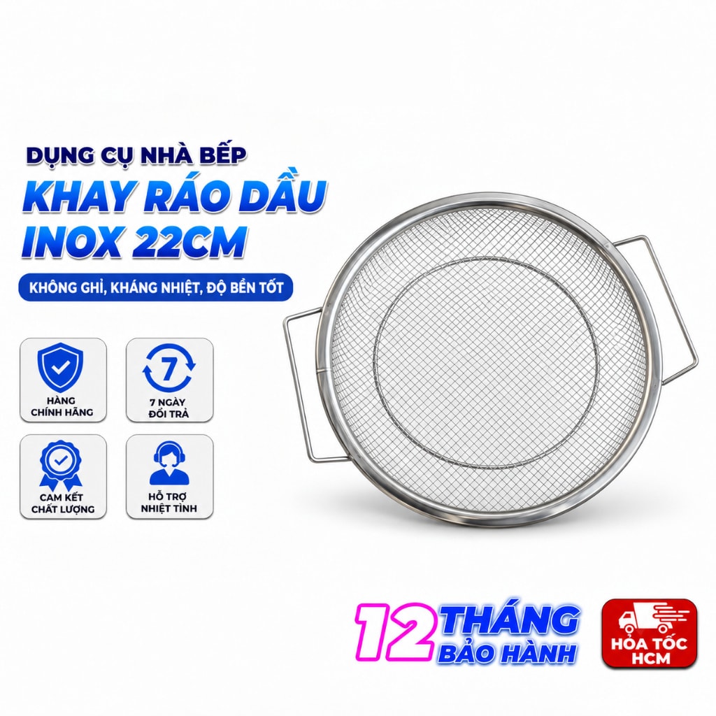Khay Ráo Dầu Inox 22cm Loại 1, Khay Lọc Dầu Đựng Thực Phẩm Chiên Rán Nhà Bếp