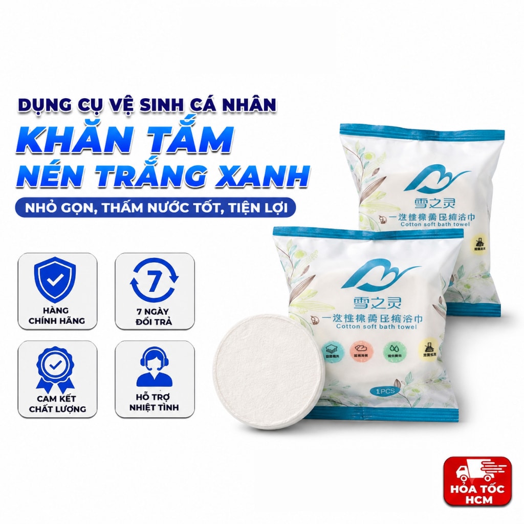 Khăn Tắm Nén Trắng Xanh 70x140cm 68g, Khăn Tắm Du Lịch Tiện Lợi