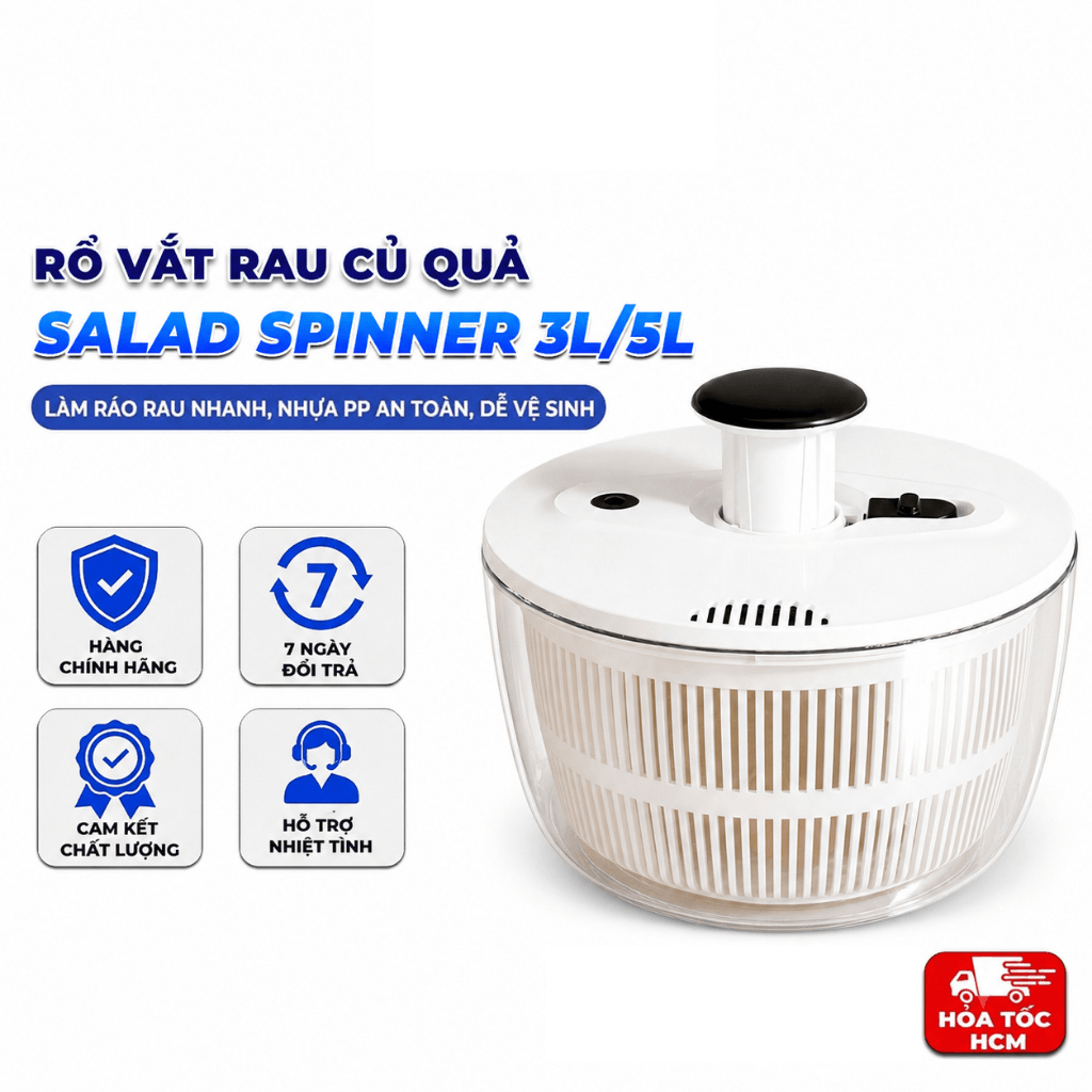 Rổ Vắt Rau Củ Quả Salad Spinner 3L/5L – Quay Ly Tâm 360°, Làm Ráo Rau Nhanh, Có Nút STOP