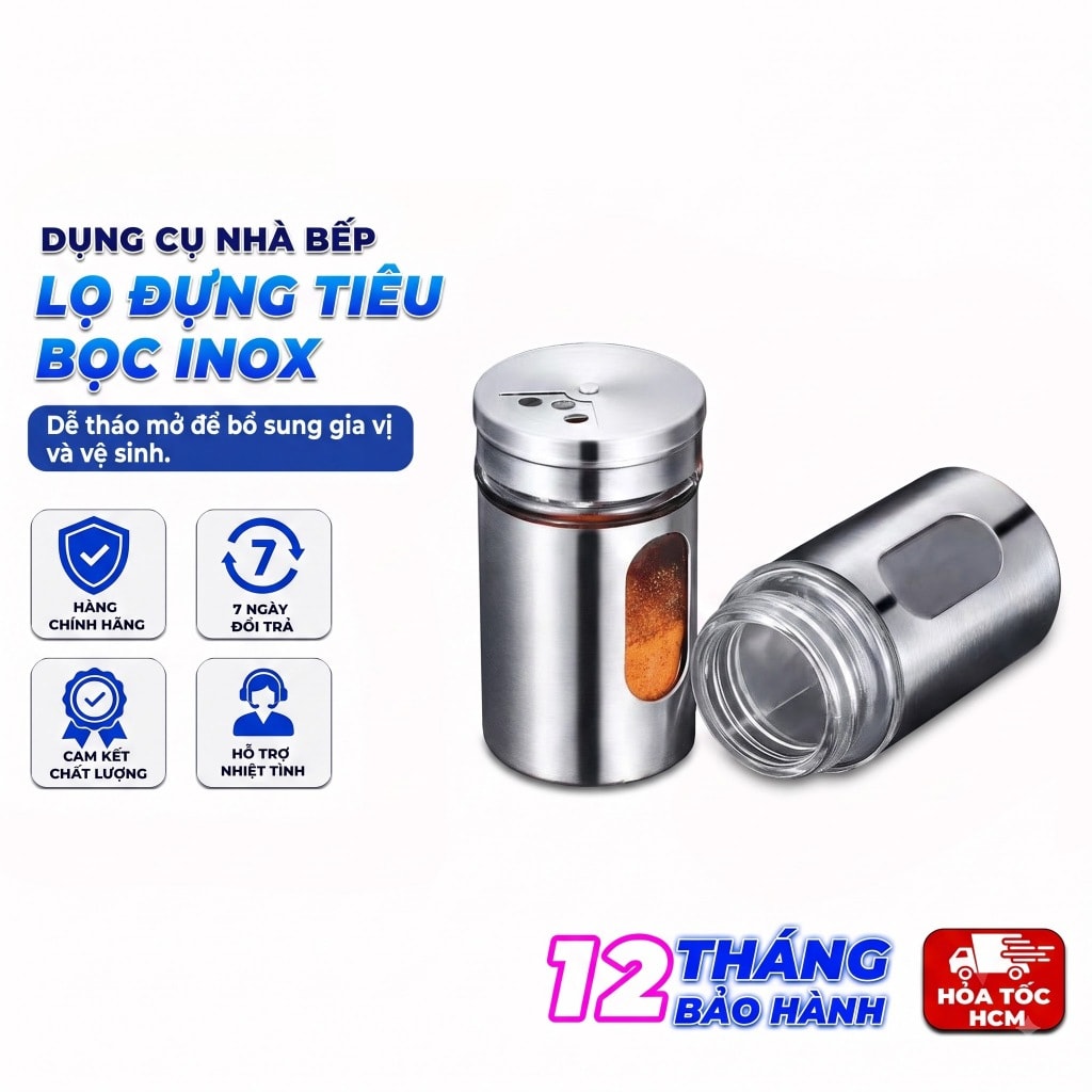 Lọ Đựng Tiêu Thủy Tinh Bọc Inox, Hũ Đựng Gia Vị Nhà Bếp