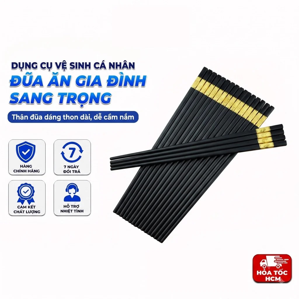 Bộ 10 Đôi Đũa Mạ Vàng 27cm, Đũa Ăn Gia Đình Sang Trọng