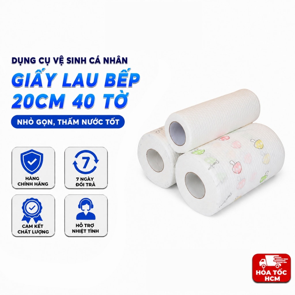 Cuộn Giấy Lau Bếp Đa Năng 20cm 40 Tờ, Giấy Lau Dầu Mỡ Nhà Bếp