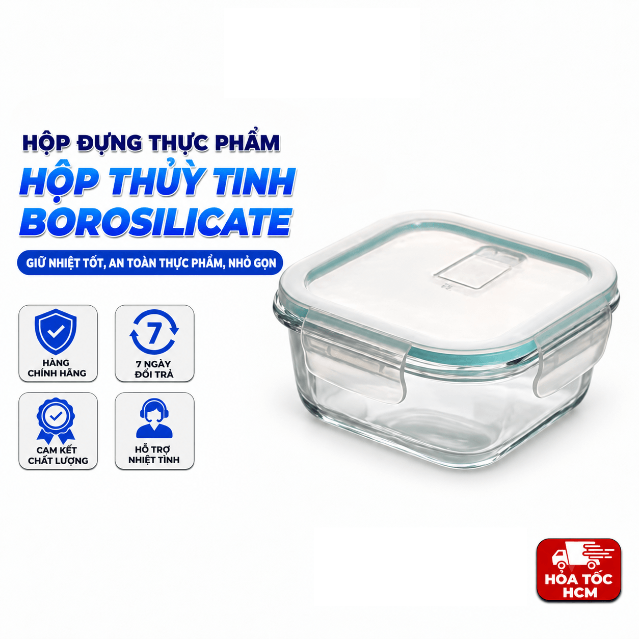 Bộ 4 Hộp Thủy Tinh Vuông, Hộp Bảo Quản Thực Phẩm Nắp Khóa 4 Cạnh
