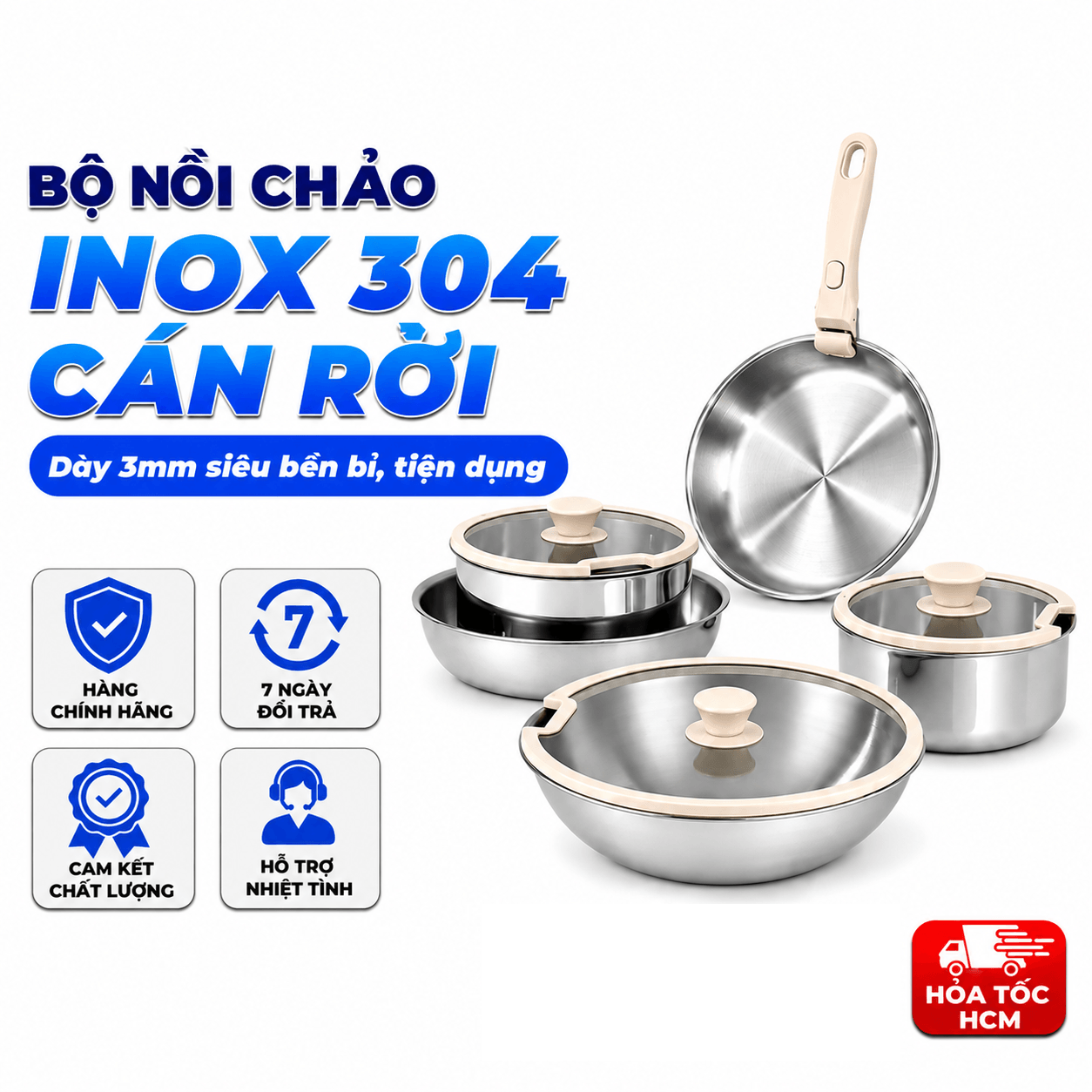 Bộ Nồi Cán Rời CAROTE Inox 304, Siêu Dày, Bộ Nồi Chảo Đa Năng Nhà Bếp