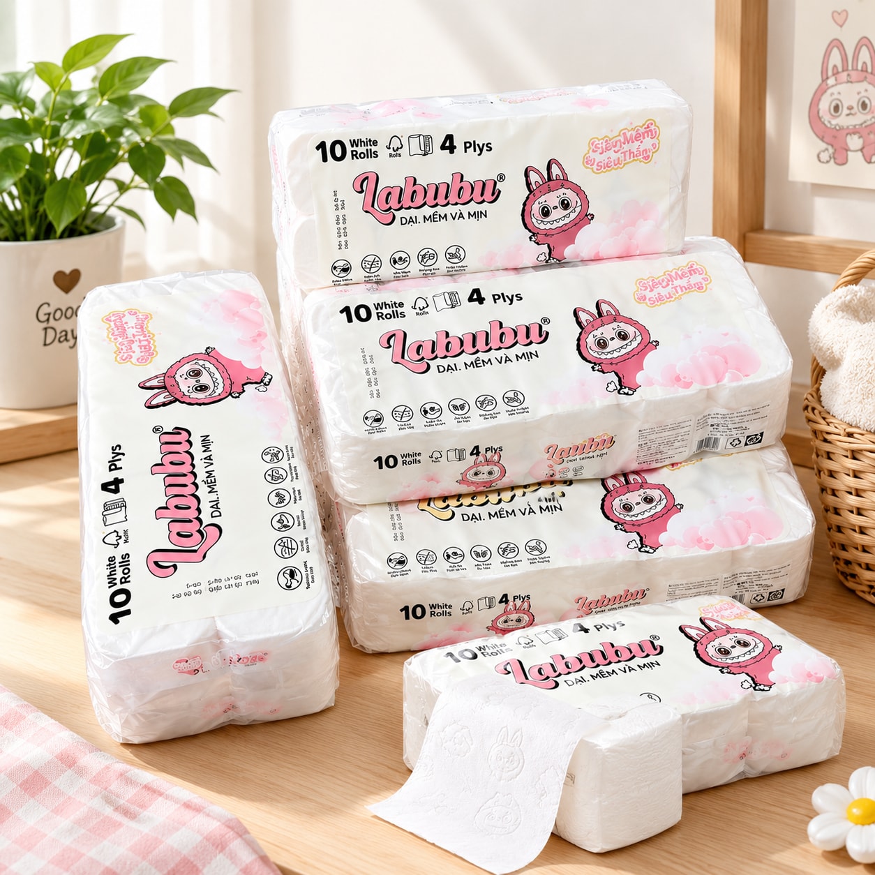 Giấy Vệ Sinh Labubu Bịch 10 Cuộn 800G, Giấy Cuộn Treo Tường Mềm Dai Thấm Hút Tốt