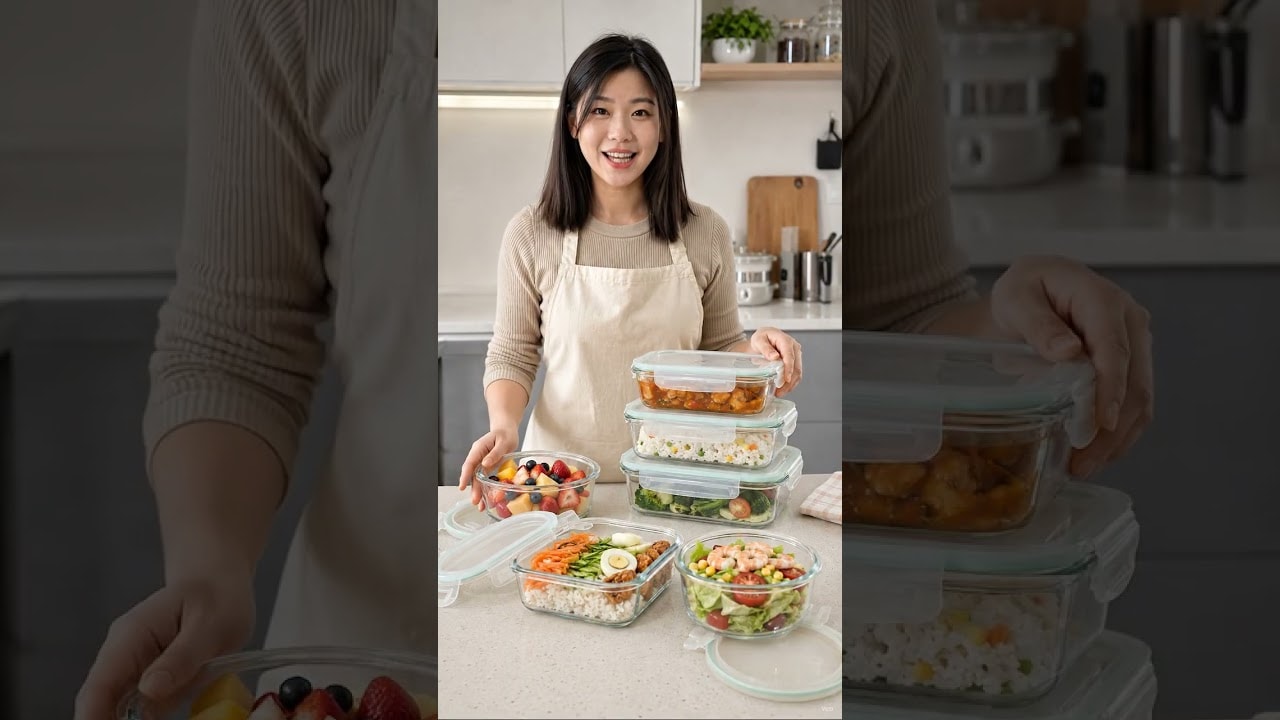 Bộ 4 Hộp Thủy Tinh Chữ Nhật, Hộp Bảo Quản Thực Phẩm Nắp Khóa 4 Cạnh - Video