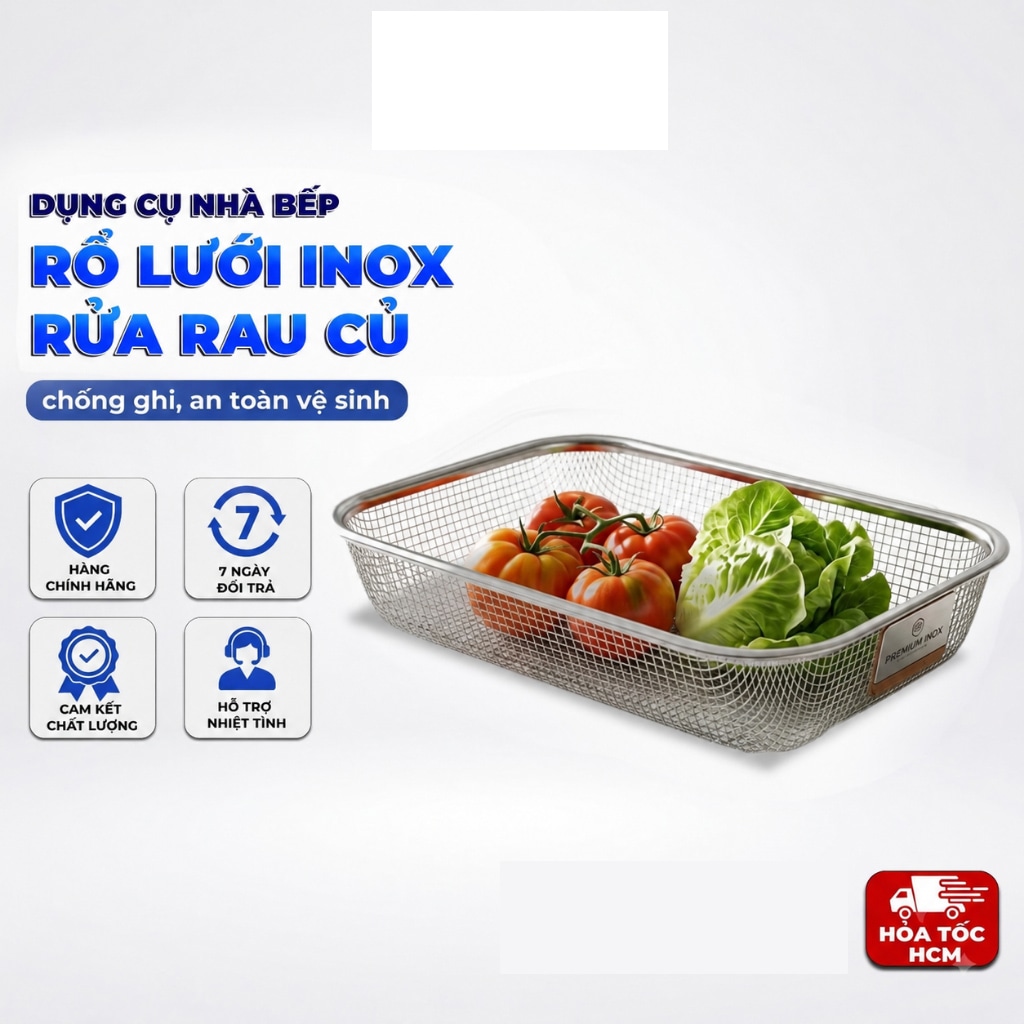 Rổ Lưới Inox Chữ Nhật 37cm, Rổ Đựng Rửa Rau Củ Đa Năng