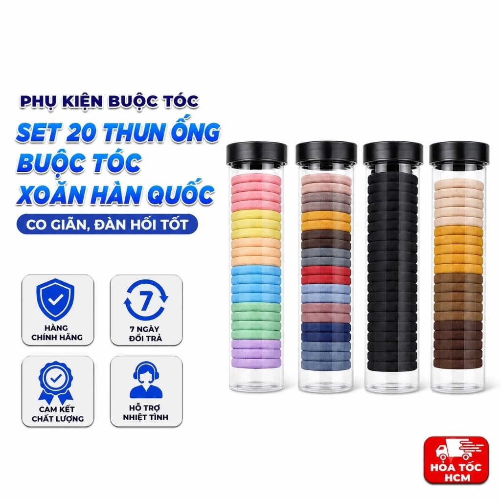 Set 20 Dây Thun Ống Buộc Tóc Hàn Quốc, Dây Cột Tóc Co Giãn