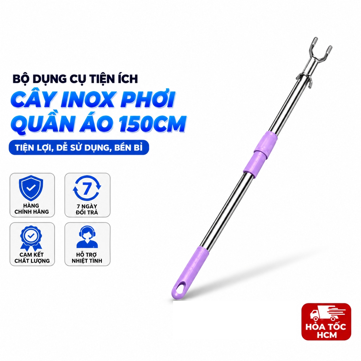 Cây inox phơi quần áo, cây lấy đồ trên cao dài 1,5m có thể thu gọn