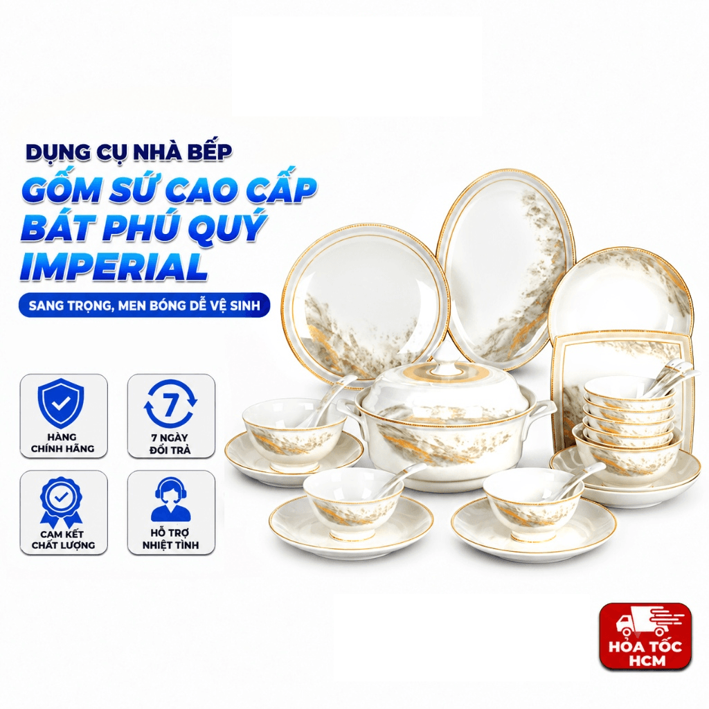 Bộ Chén Bát Phú Quý Imperial Gốm Sứ Cao Cấp – Thiết Kế Bát Giác, 5 Lớp, Viền Vàng Sang Trọng, Men Bóng Dễ Vệ Sinh