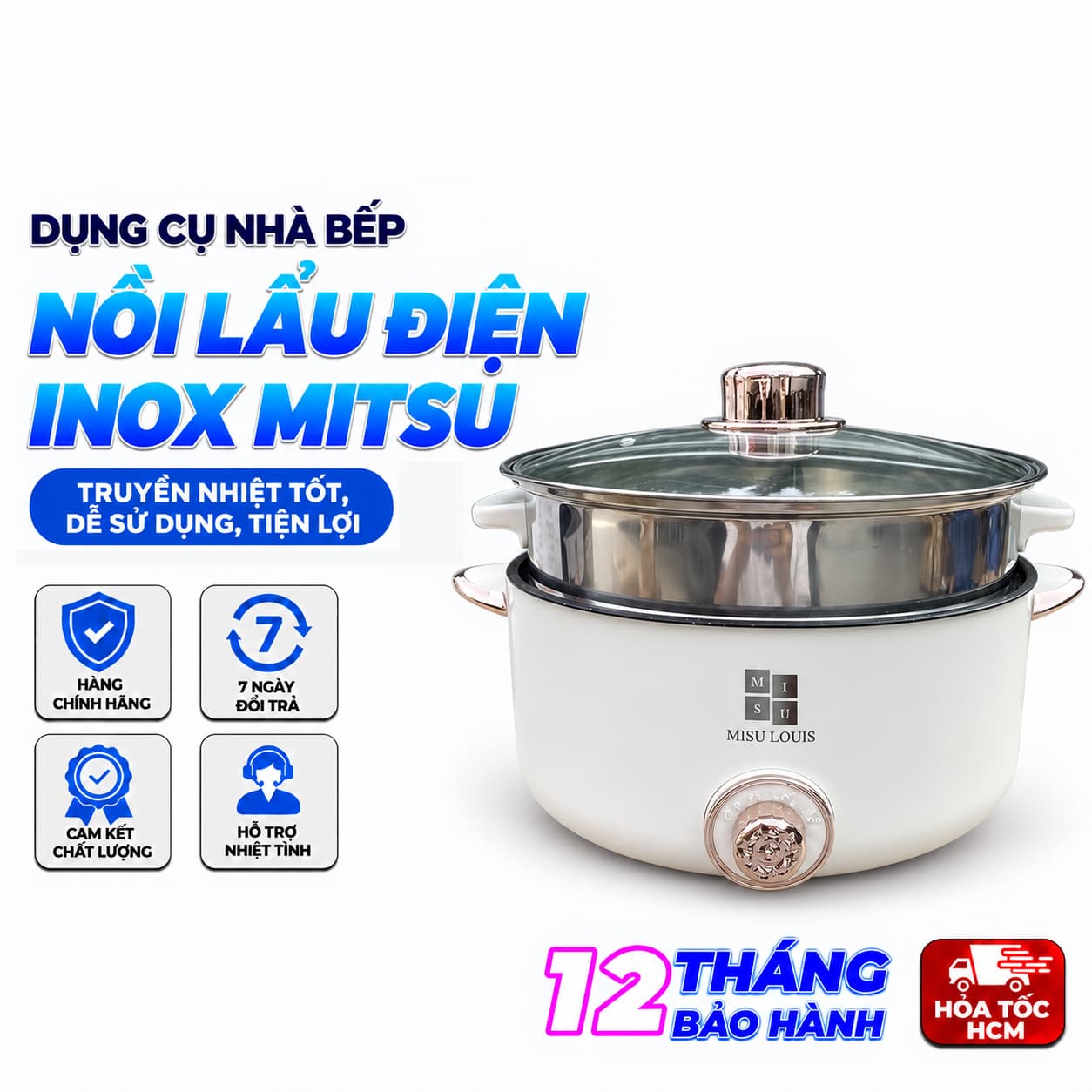 Nồi Lẩu Điện Mitsu MS99 28cm Màu Trắng, Nồi Lẩu Đa Năng Kèm Xửng Hấp Inox Tiện Lợi