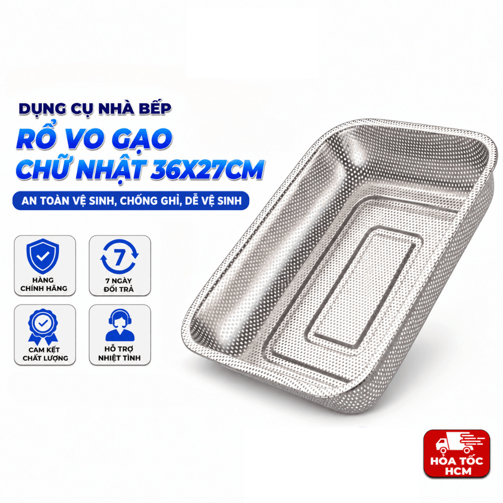 Rổ Vo Gạo Chữ Nhật 36x27cm, Rổ Rửa Gạo Rau Củ Nhà Bếp