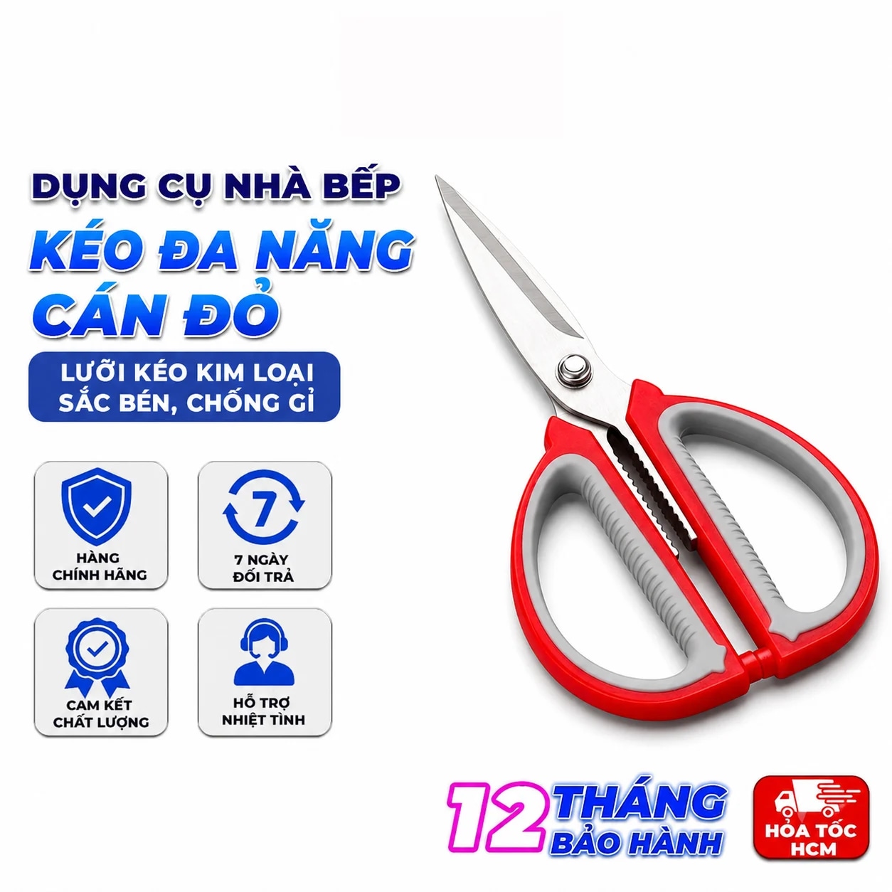 Kéo Đa Năng Cán Đỏ Xám, Kéo Gia Dụng Cắt Giấy Thực Phẩm