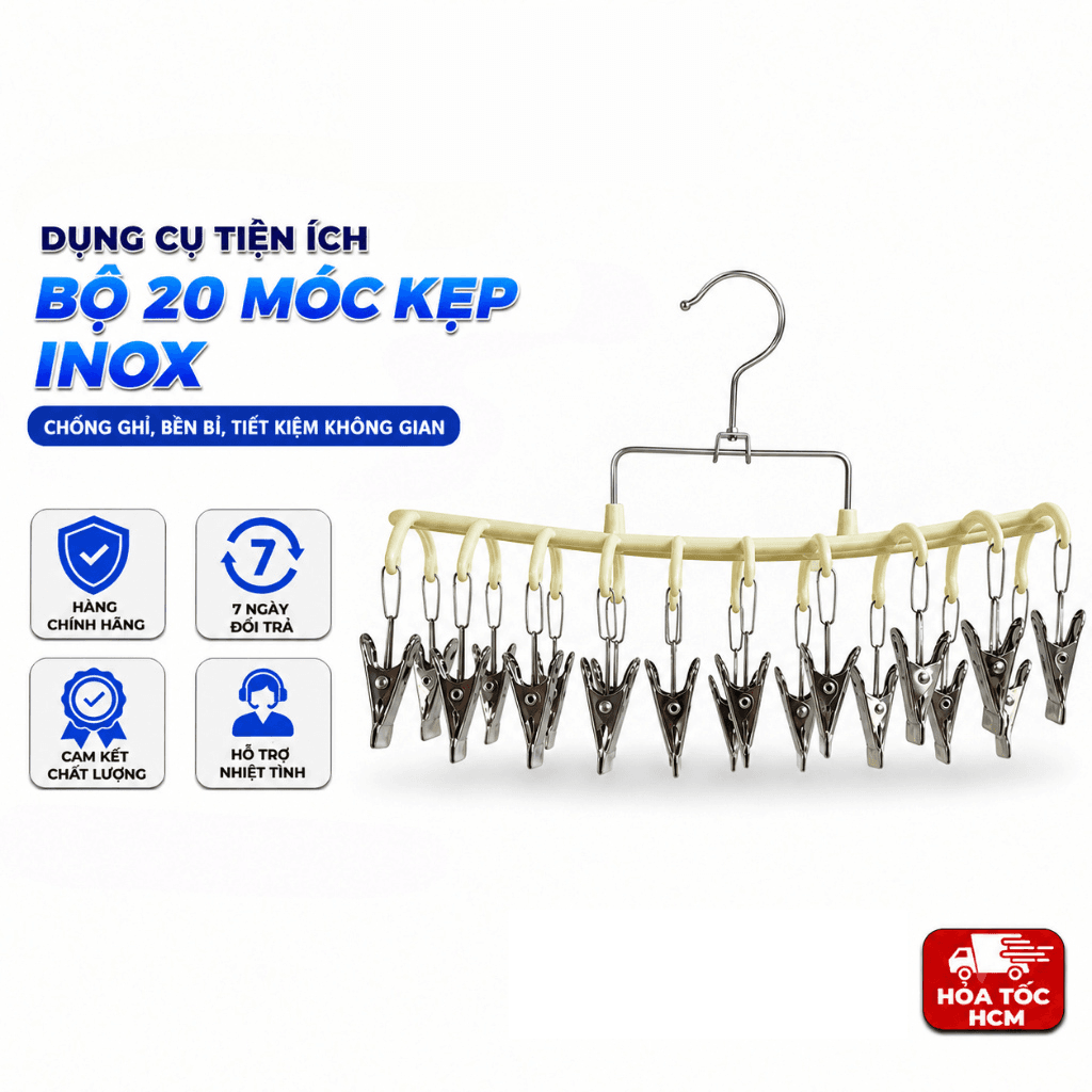 Móc Vòm Inox 20 Kẹp Dáng Dài, Móc Phơi Quần Áo Tất Đồ Lót Đa Năng