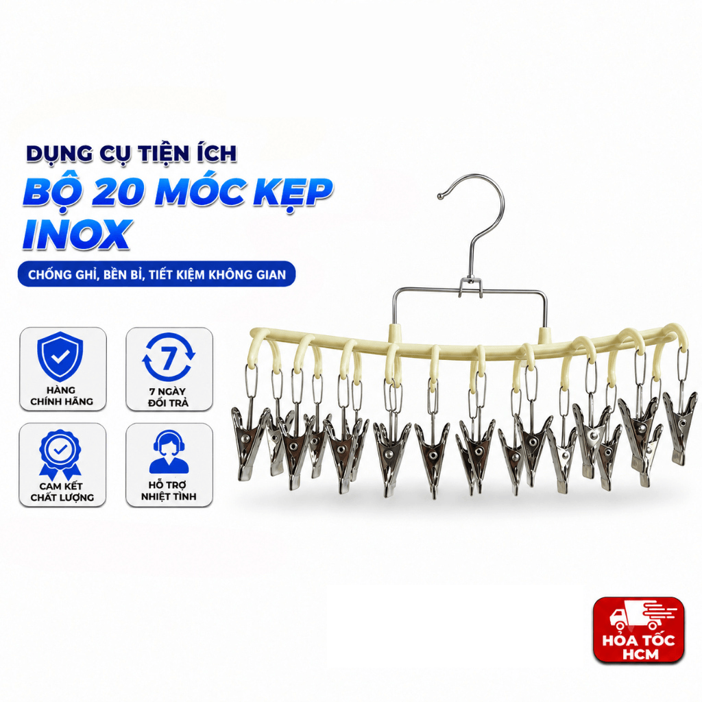 Móc Vòm Inox 20 Kẹp Dáng Dài, Móc Phơi Quần Áo Tất Đồ Lót Đa Năng
