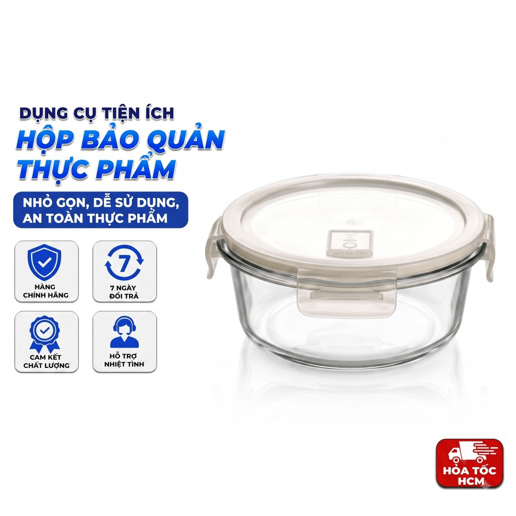 Hộp Thủy Tinh Chịu Nhiệt Borosilicate – Bộ Vuông/Tròn/Chữ Nhật, 400–1300ml, Nắp Khóa 4 Cạnh, Đệm Silicone Kín Khít