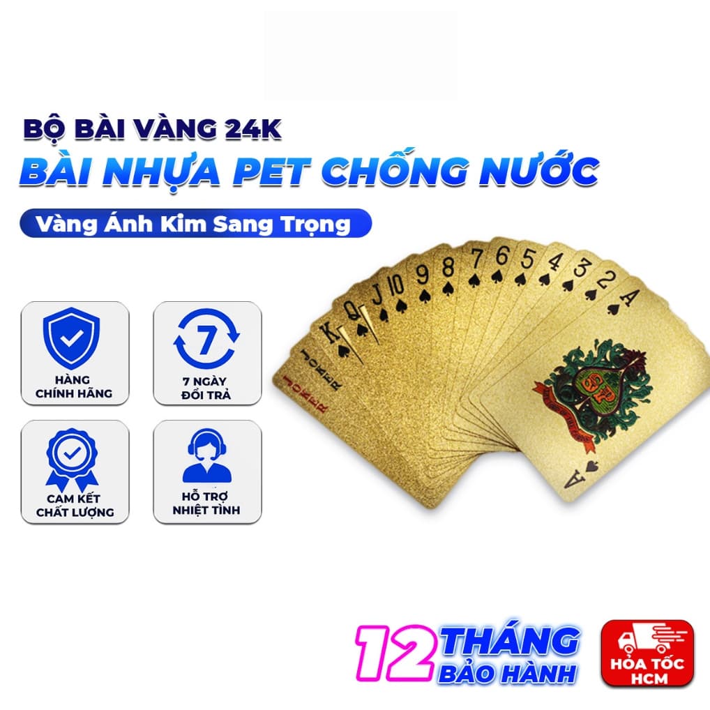 Bộ Bài Vàng 24K Cao Cấp 54 Lá – Bài Nhựa PET Chống Nước, Màu Vàng Ánh Kim, Sang Trọng Làm Quà Tặng